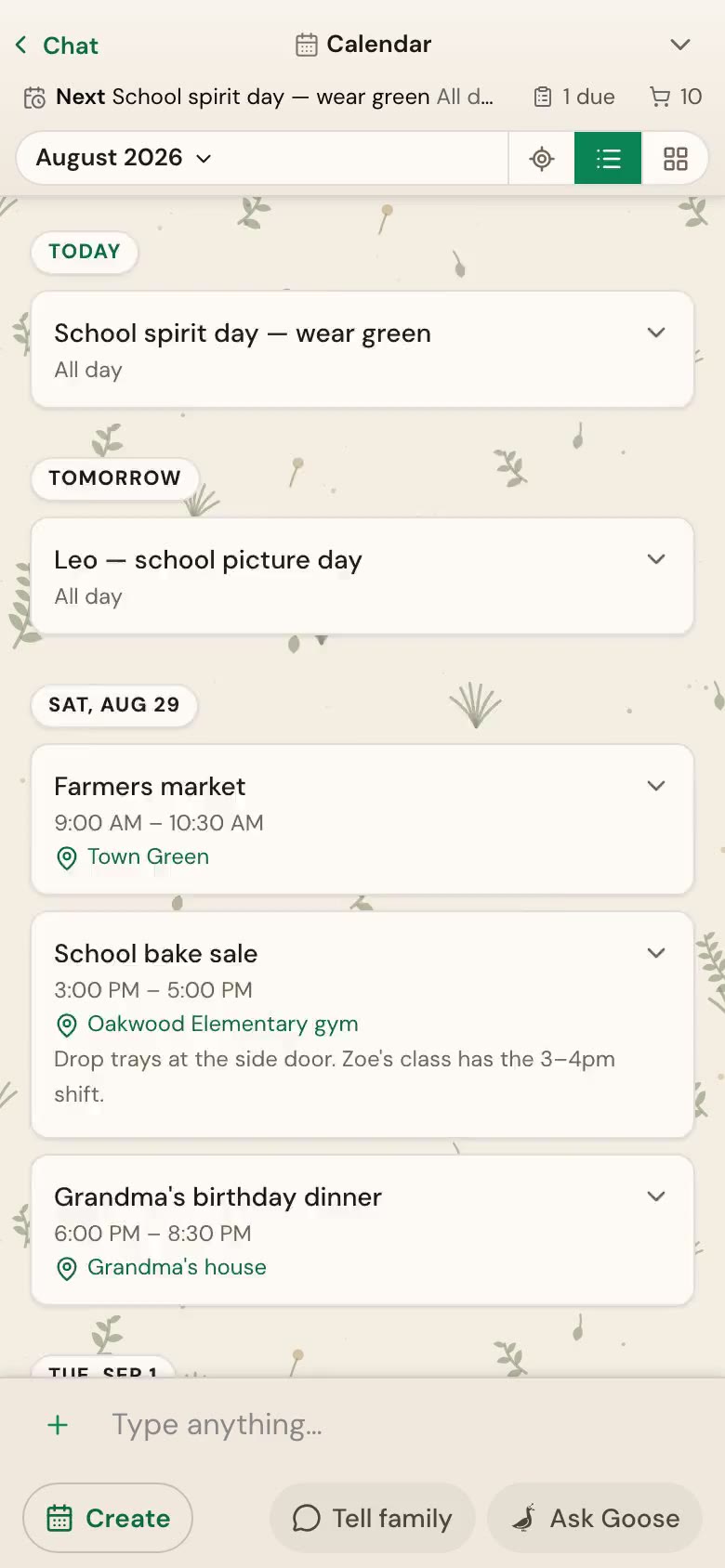 The month view opening a day preview with the school bake sale