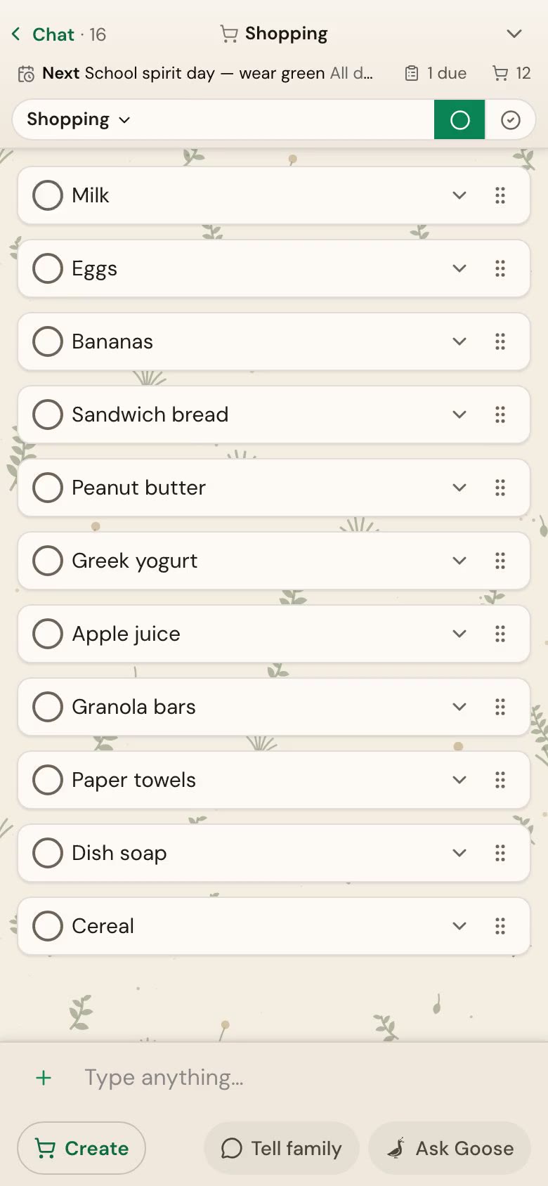Items being checked off the shared shopping list