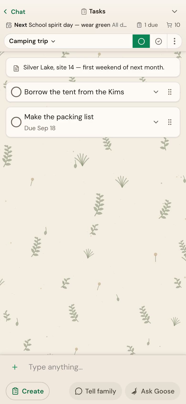 Opening the camping trip group and checking a task off